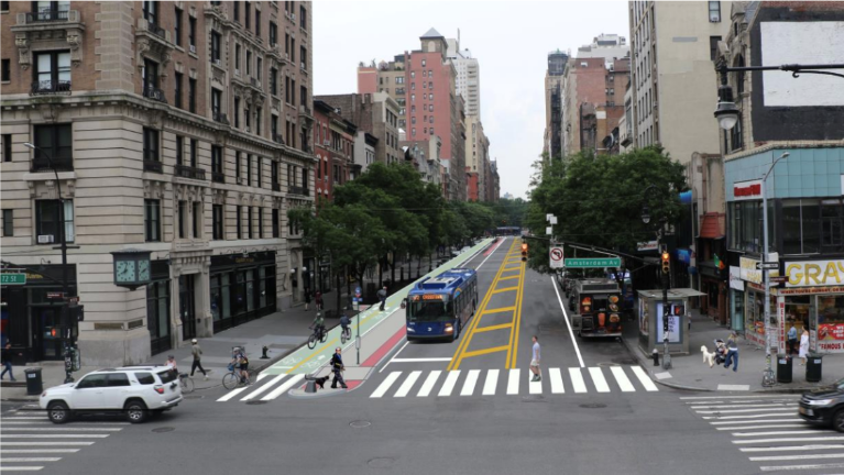 Current proposal for the W. 72 Street bike lane, including a protected two-way bike path and one lane of car traffic in each direction.