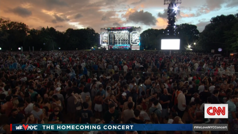 Screenshot of CNN’s broadcast of “We Love NYC: The Homecoming Concert,” cut short by rain.