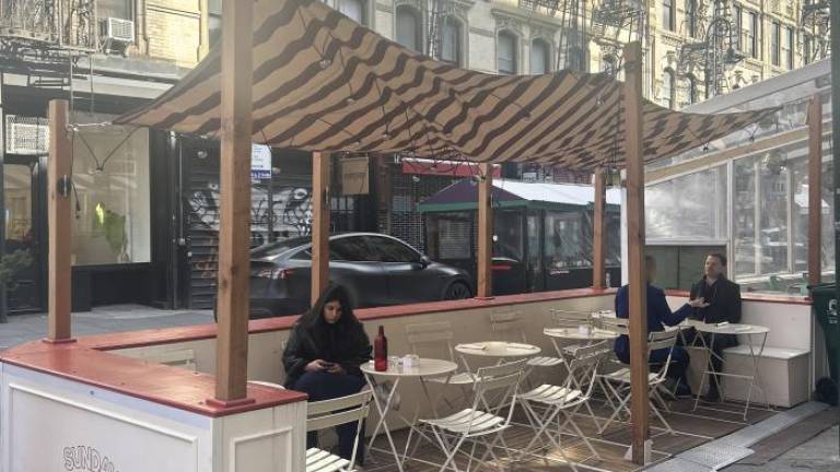 One of the outdoor dining sheds in the Lower East Side at 88 Orchard Street between Broome Street and Grand Street. Photo Credit: Alessia Girardin.