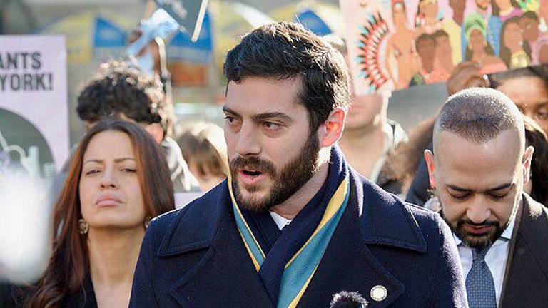Alex Bores at a press conference held by the New York Immigration Coalition (NYIC) at Foley Square, demanding lawmakers pass a bill to greater fund immigration defense cases in the state.