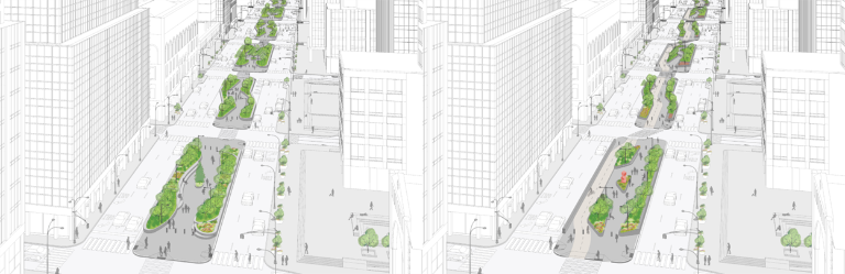The Department of Transportation has unveiled two new renderings, one with a bike lane and one without, for its planned overhaul of Park Avenue that would expand pedestrian space.
