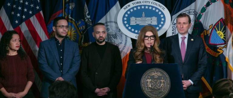 City Council speaker Julie Menin (at mic) called an emergency press conference Jan. 12 was joined by (from left) City Council Members Alexa Avilés and Shaun Abreu, NYIC’s Murad Awawdeh and Congressman Dan Goldman.