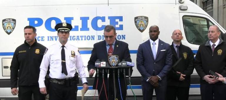 NYPD Chief of Detectives Joe Kenny (at mic) is flanked by deputy special agent from Homeland Security Darryl McCormick (right) and Deputy Chief at Patrol Borough Manhattan South, Timothy J. Mccormac (right) at a press conference after an armed suspect was shot dead in Chelsea shootout. Photo: NYPD X (formerly Twitter)