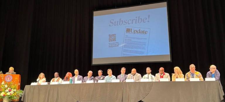 City Council member Gale Brewer (far left) introduces 14 different city agency representatives at her spring Town Hall held at John Jay College auditorium on March 23.