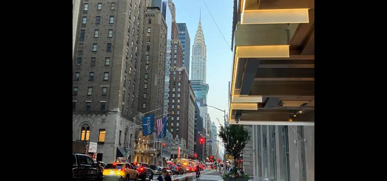Sister Art Deco gem, the Chrysler Building (1930), viewed down Lexington Avenue from the Waldorf Astoria’s golden Art Deco awning (1931).