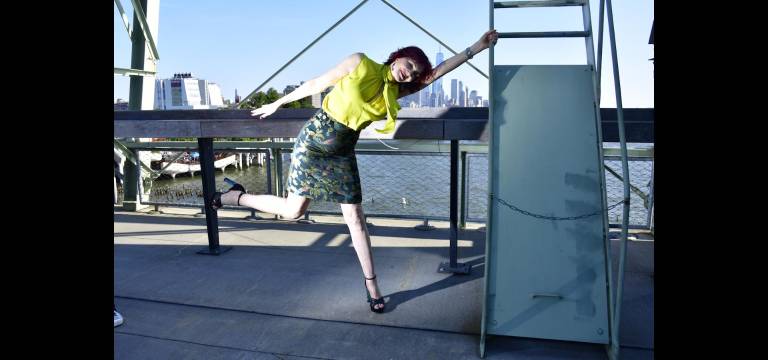 Karen Rempel’s all akimbo on battleship-like Pier 57 rooftop.