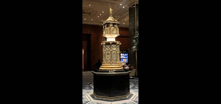 The centerpiece of the Waldorf Astoria’s Peacock Alley—a painstakingly restored clock from the Chicago Exposition of 1893.