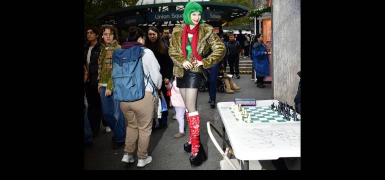 Christmas bedecked Karen Rempel at Union Square.