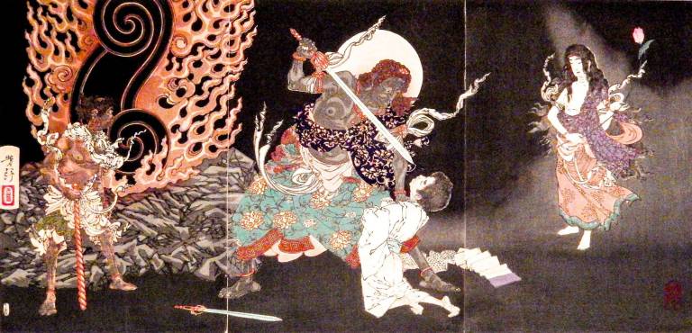 Tsukioka Yoshitoshi, one of the masters of Meiji woodblock prints, depicts a magical realm in &quot;Fudo Myoo Threatening a Novice.&quot; Photo: Adel Gorgy
