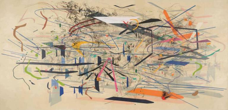 Julie Mehretu, Retopistics: A Renegade Excavation, 2001. Ink and acrylic on canvas, 101 ½ × 208 ½ inches (257.81 × 529.59 cm). Crystal Bridges Museum of American Art, Bentonville, Arkansas 2013.28. © Julie Mehretu