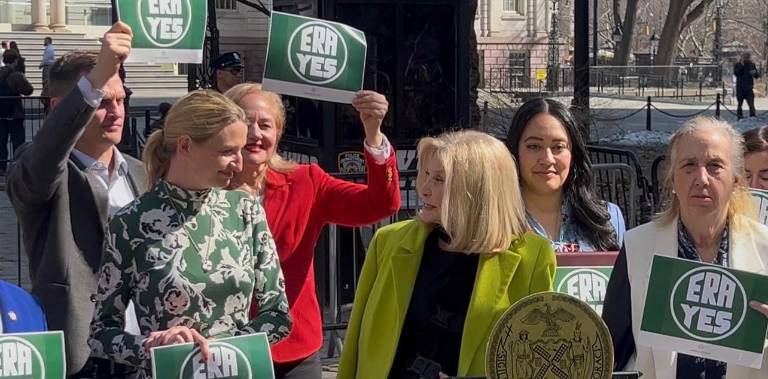 At a March 10 rally calling for the federal ratification of the Equal Rights Amendment, Council Member Virginia Maloney (left) was joined by former U.S. Congresswoman Carolyn Maloney (center) and UWS Council Member Gale Brewer (right).