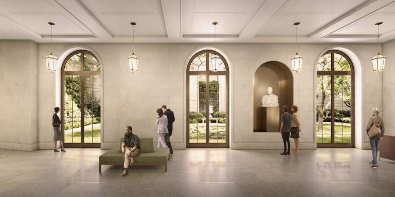A rendering of The Frick Collection's reception hall, as conceived in a new expansion proposal, looking east toward the 70th Street viewing garden. Courtesy of Selldorf Architects