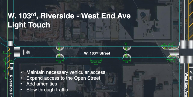 A DOT rendering outlining goals for West 103rd Street between West End Avenue and Riverside Drive. Photo via DOT