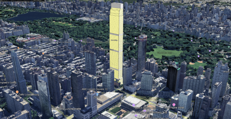 A 3D rendering of Extell’s proposed 90-story tower at 77 W. 66th St. The structure would dwarf neighboring Upper West Side buildings, with Central Park visible in the background.