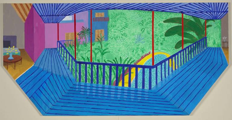 David Hockney, &quot;A Bigger Interior with Blue Terrace and Garden.&quot; 2017, acrylic on canvas. Collection of the artist. &#xa9; David Hockney. Photo: Richard Schmidt
