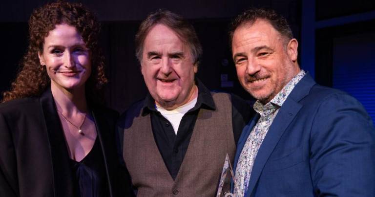 <b>John McDonagh (center) was the winner of the Bairbre Dowling Spirit of the Festival award for </b><i><b>A Cop, A Cabbie, A Crusader</b></i><b>). He’s flanked by Brenda Meaney (left), who starred in </b><i><b>Irishtown,</b></i><b> and Michael “Mick” Mellamphy, artistic director of Origin Theatre Company.</b>
