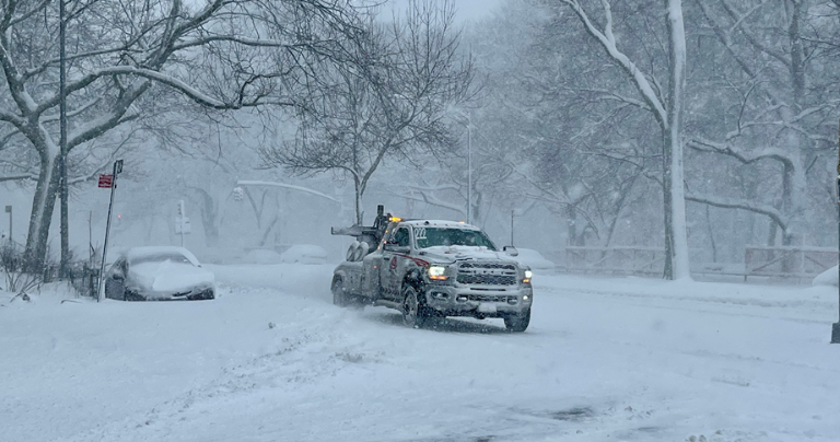 On Riverside Drive, a lonely tow truck waits for a green light at West 114th Street. A normally busy thoroughfare, the Drive was devoid of any car traffic, mildly punctuated by an occasional bus or snowplow.