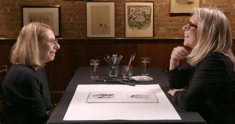 Roz Chast (left), a veteran cartoonist who has been with The New Yorker since 1978, and colleague Liza Donnelly (right) who is the power behind a new documentary “Women Laughing” that is being debuted at the Athena Film Festival, confer over a cartoon.