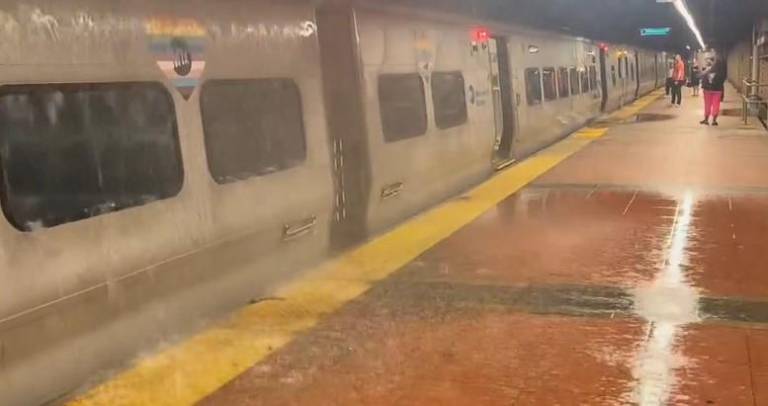 A poster on X shows rain pouring onto a Metro North train inside Grand Central on July 31.