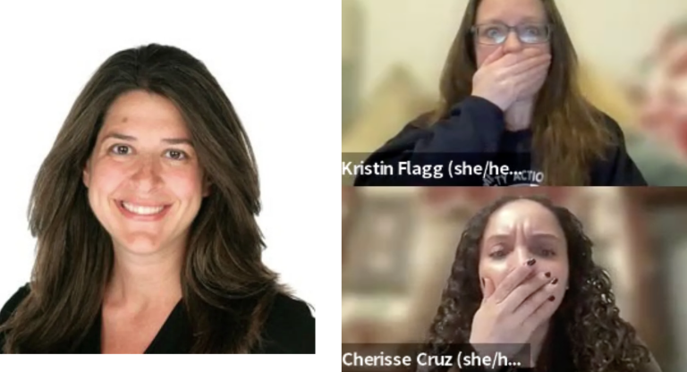 Attendees at community educational meeting (right) cover their mouths in shock after hearing racist comments by Hunter College Adjunct Professor Allyson Friedman (left)