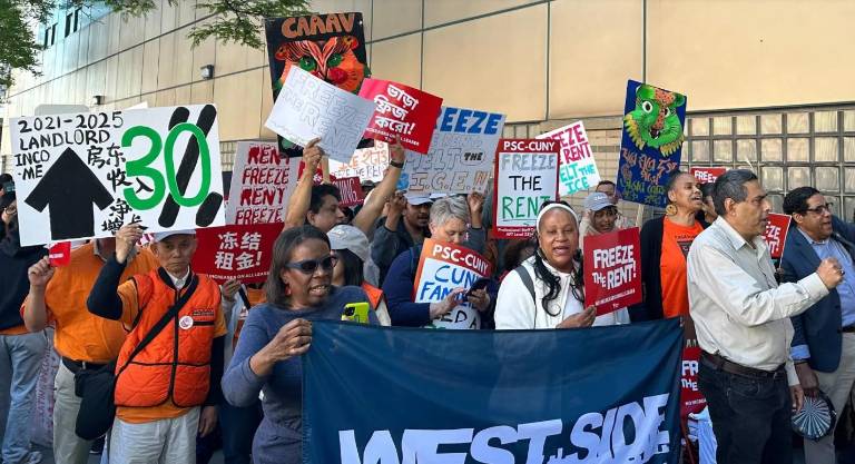 Tenant advocates rallied for a rent freeze ahead of the Rent Guidelines Board preliminary vote, May 7, 2026.