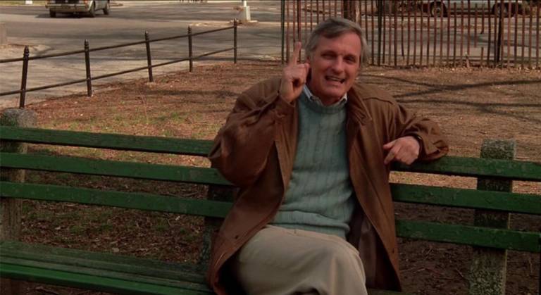 Alan Alda as Lester on the bench at Riverside Drive at West 113th Street.