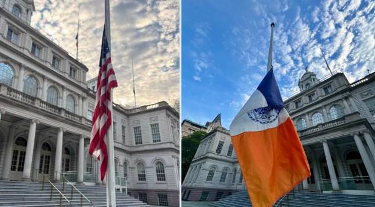 Mayor Eric Adams on July 29 ordered flags at municipal offices across the five boroughs to fly at half-staff the day after a gunman killed four innocent people inside a midtown Manhattan office tower.