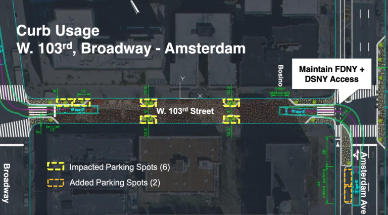 A DOT rendering from June, depicting changes to available street parking on West 103rd Street between Broadway and Amsterdam Avenue. Photo via DOT