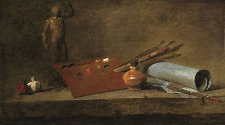 Jean-Baptiste Sim&eacute;on Chardin Attributs du peintre (Attributes of the Painter), c. 1725&#8211;27 Oil on canvas, 19 &#8541; &times; 33 &#8542; inches (50 &times; 86 cm) Princeton University Art Museum. Gift of Helen Clay Frick Courtesy Gagosian Gallery
