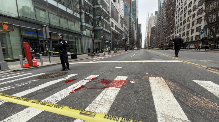 Blood on 2 Avenue and East 57 Street. The cyclist involved in the accident was taken to New York-Presbyterian / Weill Cornell Medical Center in critical condition. The truck operator remained on the scene, and no arrests have been made to date.