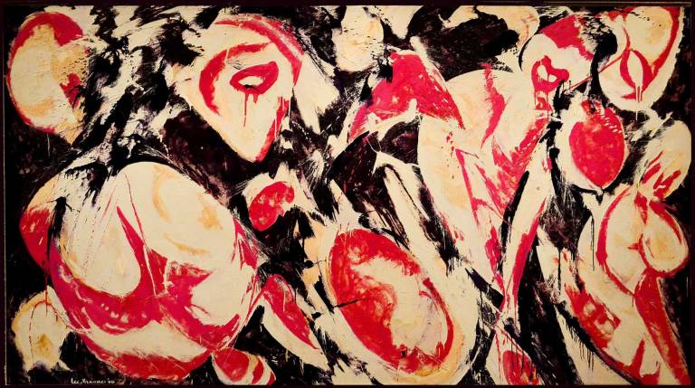 A close look at Lee Krasner's 10.5-foot oil on canvas &#x201c;Gaea&#x201d; (1966) reveals the sweeping gestures and the physical effort the artist employed. Photo: Adel