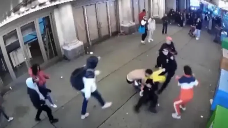 Footage of a brawl between recently-arrived asylum-seekers and cops in Times Square, which stirred a national political debate in January, 2024.