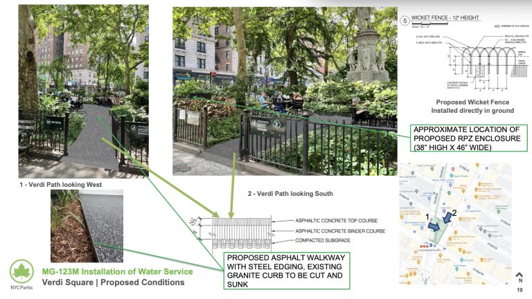 Slide 19 details the planned ADA-compliant asphalt walkway.