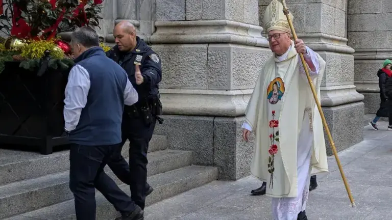 Cardinal Timony Dolan entering St. Patrick’s Cathedral to celebrate Feast of Our Lady Guadaulupe, Dec. 12, 2024.