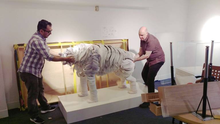 &#x201c;El Tigre&#x201d; by Robert Hernandez is moved into the Children&#x2019;s Museum of Manhattan during installation of &#x201c;Art, Artists &amp; You,&#x201d; a new exhibit. Photo courtesy of CMOM