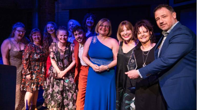 The cast that won best production for<i> </i>the comedy <i>Granny Jackson’s Dead</i> were welcomed by the Irish Consul General Helena Nolan (fourth from right) while Origin Theatre Company artistic director Michael “Mick” Mellamphy (far right) presented the award to playwright Zoe Seaton (second from right).
