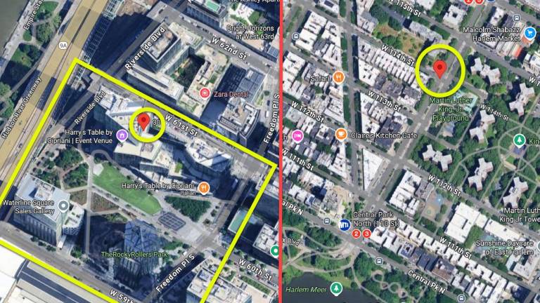 Left : Two Waterline Square (yellow circle within rectangle of larger development), where a teen was slashed. Right: West 114th Street and Lenox Avenue (yellow circle), site of a shooting by a 15-year-old..