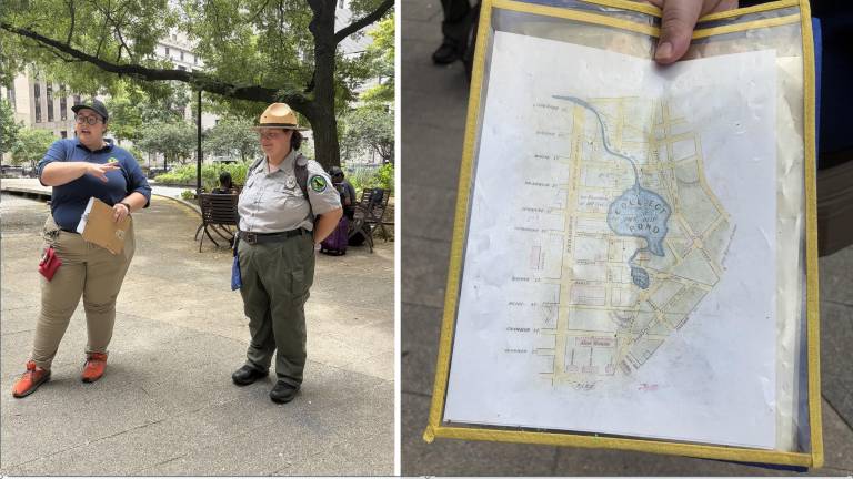 Urban Park Rangers talk about Manhattan water history during a program starting at Collect Pond Park.