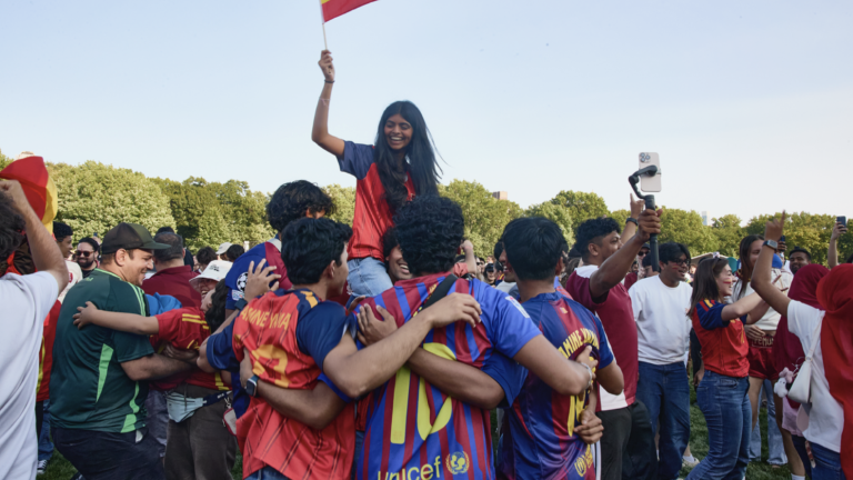 Spain fans celebrate their big World Cup win at the watch party in Central Park on July 19.