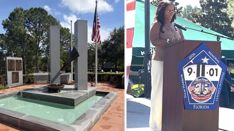 Ganelle Guzman McMillan told her harrowing story about being entombed in the rubble of the WTC at the 9/11 Memorial at Curlew Hills Memory Gardens in Palm Harbour, FL.
