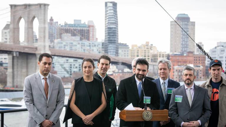 Mayor Mamdani at Pier 17 announcing Brooklyn Bridge access improvements to eliminate the bottleneck on the Manhattan side of the Brooklyn Bridge on, March 27.