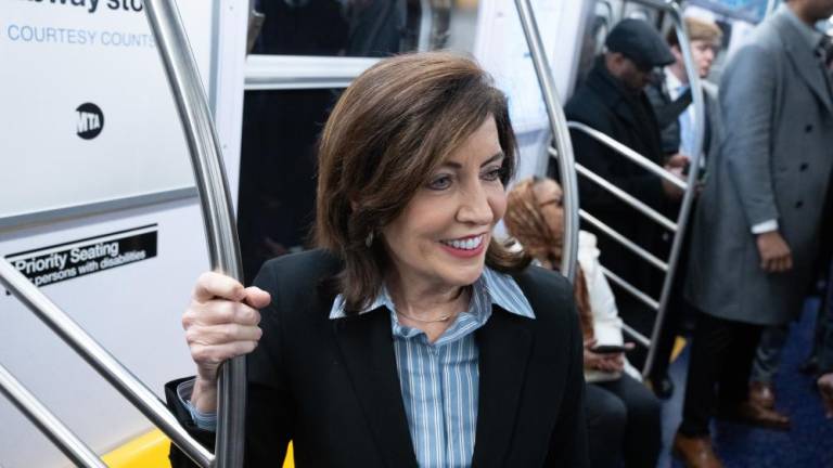 Governor Kathy Hochul taking a new “gangway” subway in Manhattan. On Feb. 18, she told the radio host John Catsimatidis that she now keeps a pad in Manhattan.