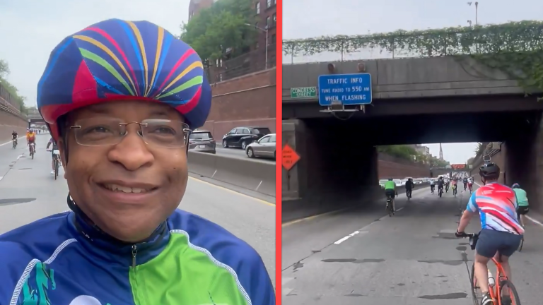 PIX11 reporter James Ford on the BQE in Brooklyn, where he would soon cross under Congress Street, May 4, 2025.