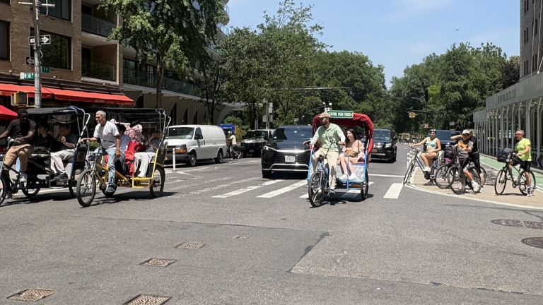 Pedicab operators at work at West 58th Street and 7th Avenue near Central Park South. There are 850 licensed pedicabs in the city, but the number of unlicensed cabs means the number on the street is nearly double that figure, a recent city council report found.