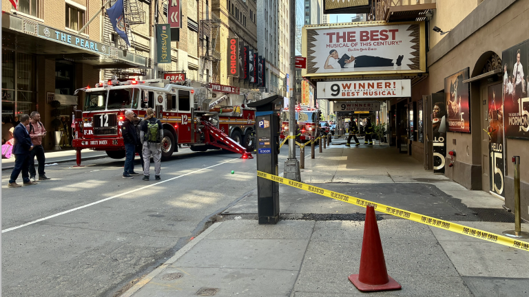 FDNY on the scene at 230 West 49th Street where an electrical fire sparked a conflagration at the historic Eugene O’Neill Theater, the longtime home the “The Book of Mormon.”