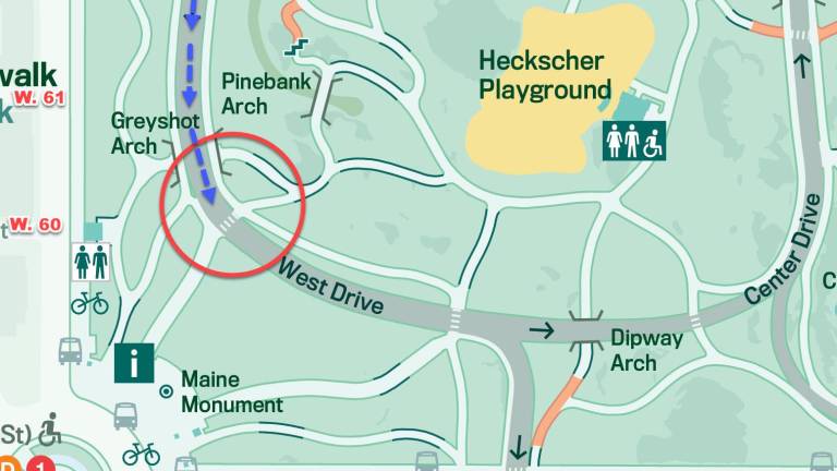 Approximate site of the crash between illegal electric unicycle and bicyclist, June 30, 2025.