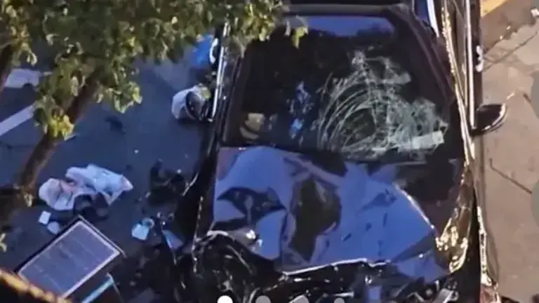 A black Mercedes-Benz SUV allegedly driven by Elvin Suarez came to rest on Amsterdam Avenue after the May 15 crash that killed two people and injured three others. A Manhattan grand jury has since indicted Suarez on aggravated vehicular homicide and other charges.