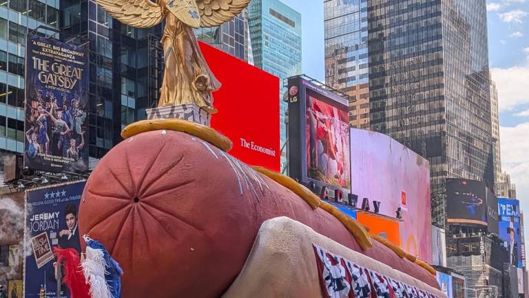 It’s a Hot Dog! It’s Art! It’s on display in Duffy Square through August 8.
