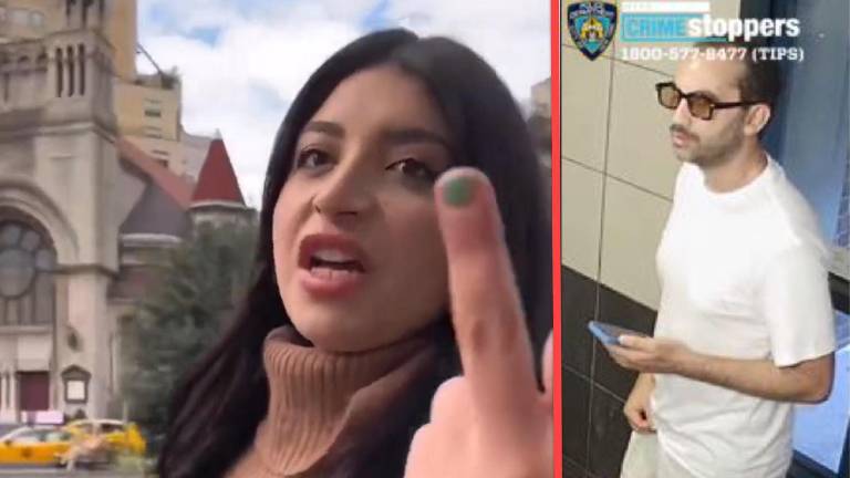 Left: Dana Baraket in October 2023, after tearing down Israeli hostage posters. Right: police say the suspect is wanted for public lewdness in Kips Bay.