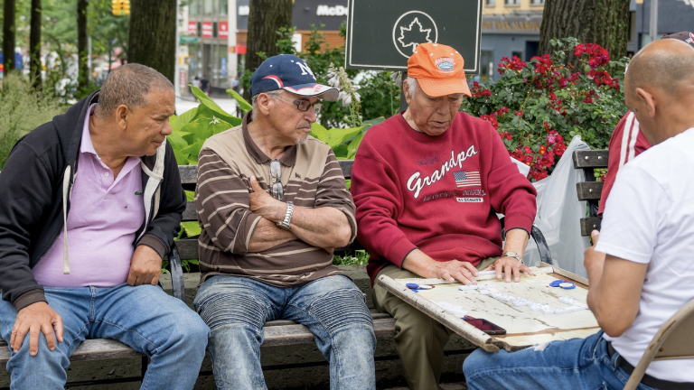 Neighbors gather beneath trees along the Broadway Malls for a game.